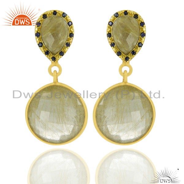 22K Gold Plated Sterling Silver Blue Sapphire And Rutilated Quartz Drop Earrings