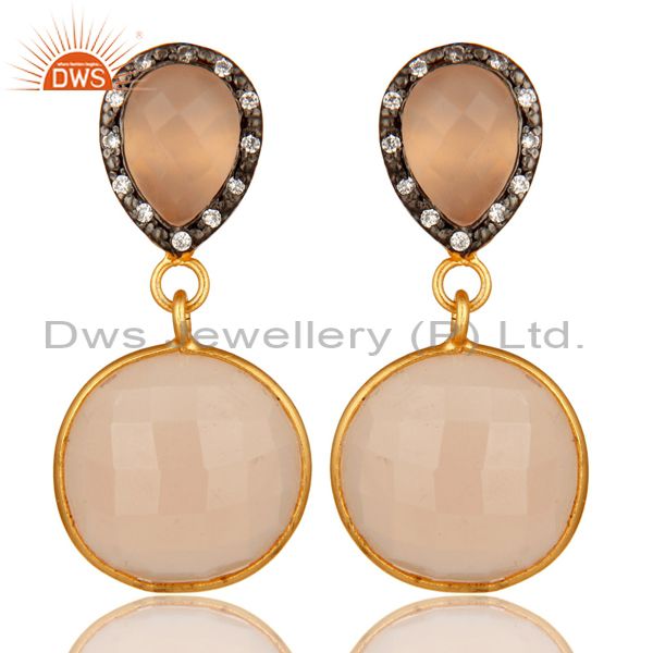 18K Gold Plated Sterling Silver Rose Chalcedony And CZ Bezel Set Dangle Earrings
