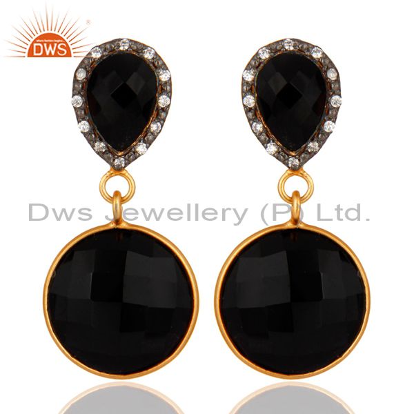 925 Sterling Silver With Yellow Gold Plated Black Onyx Dangle Earrings With CZ