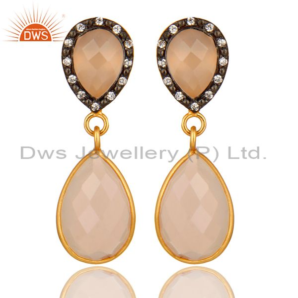 14K Yellow Gold Plated Sterling Silver Rose Chalcedony And CZ Drop Earrings