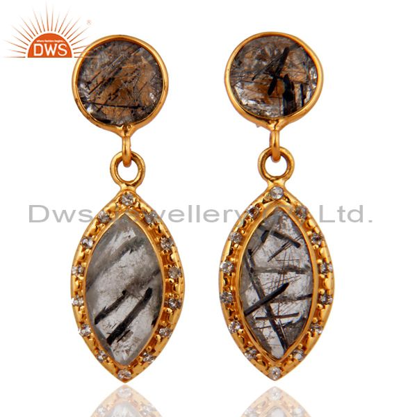 18K Gold Plated Tourmalated Quartz & White Topaz Drop Earrings Sterling Silver