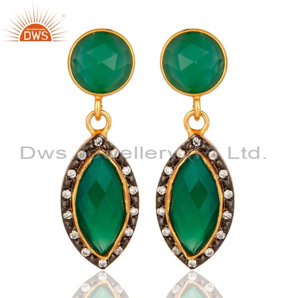 Natural Green Onyx Gold Plated 925 Solid Silver Dangle Earrings With CZ