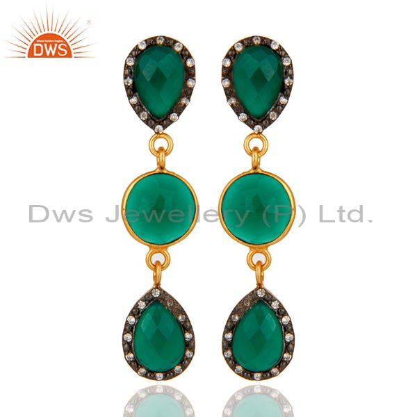 Natural Green Onyx 925 Sterling Silver Yellow Gold Plated CZ Dangle Earrings