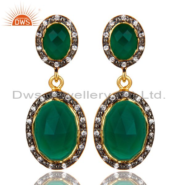 18K Yellow Gold Plated Sterling Silver Green Onyx And CZ Double Dangle Earrings