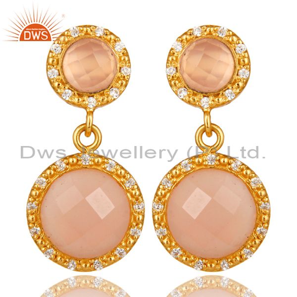 Shiny 18K Yellow Gold Plated Sterling Silver CZ And Rose Chalcedony Drop Earring