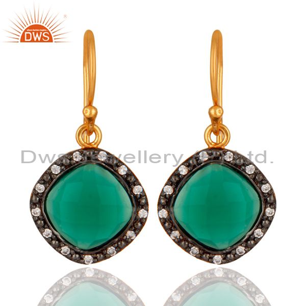 24K Gold Plated Over 925 Sterling Silver Green Onyx Gemstone Earring With CZ