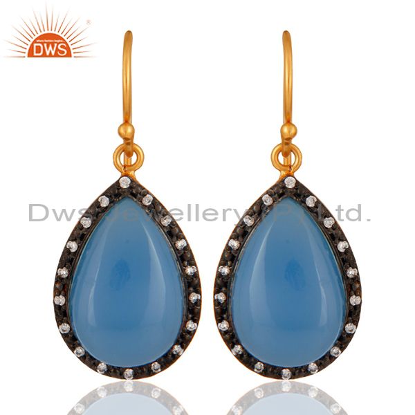 925 Sterling Silver Natural Blue Chalcedony Cabochon Gemstone Earrings With CZ