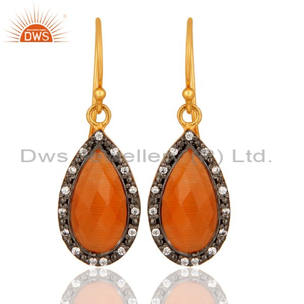 Faceted Peach Moonstone Teardrop Earrings With CZ In 18K Gold On Sterling Silver