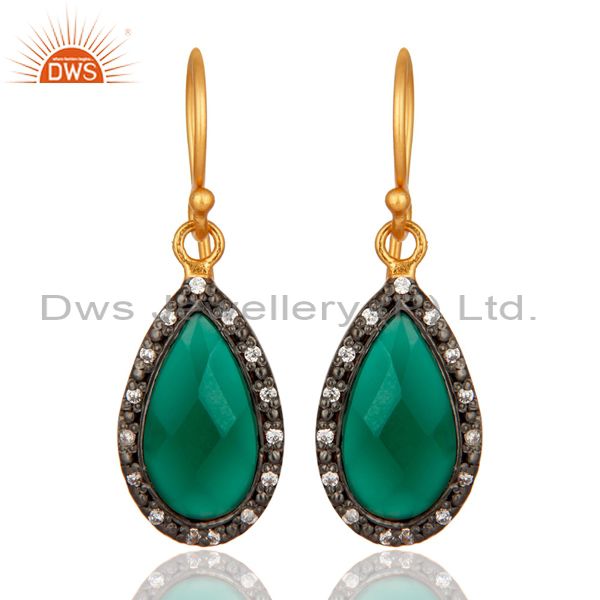 18K Gold Plated 925 Sterling Silver Green Onyx Gemstone Drop Earring With CZ