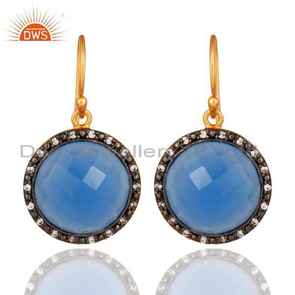 18K Gold Plated Sterling Silver Blue Chalcedony Faceted Gemstone Bridal Earrings