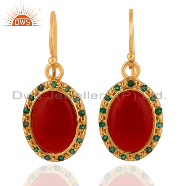 925 Sterling Silver Red Onyx 18K Gold Plated Emerald Gemstone Dangle Earrings