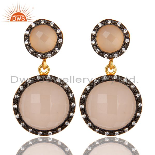 18K Gold Plated Sterling Silver Rose Chalcedony Double Drop Earrings With CZ
