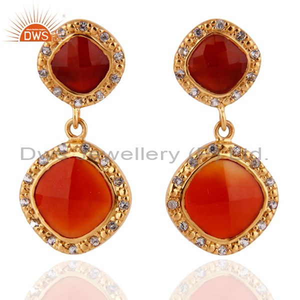 Red Onyx Gemstone & White Topaz 925 Sterling Silver Dangle Earrings Gold Plated