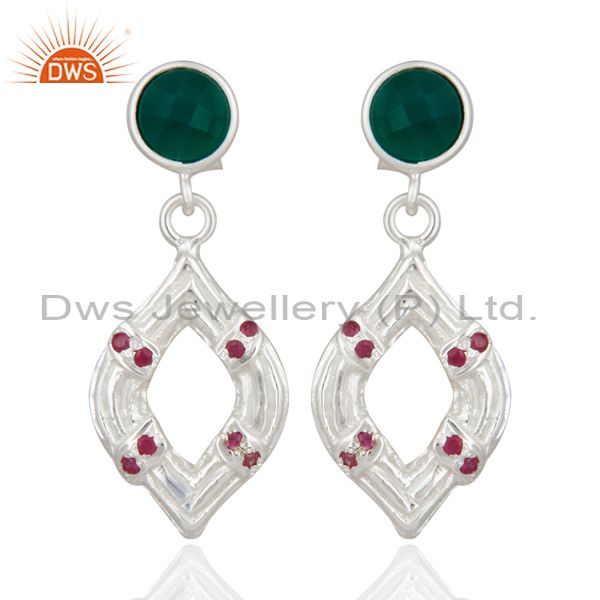 Handmade 925 Sterling Silver Ruby & Green Onyx Gemstone Dangle Earrings