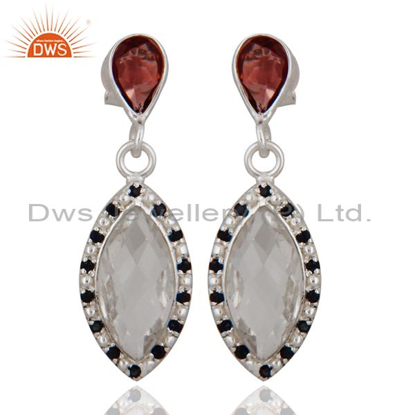 New 925 Sterling Silver Garnet Crystal Quartz & Blue Sapphire Gemstone Earrings