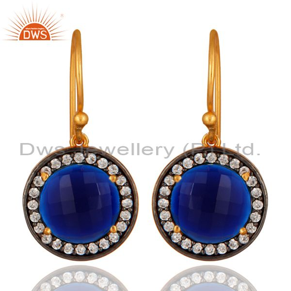 Blue Corundum And White Zircon Earrings In 18K Gold Over Sterling Silver Jewelry