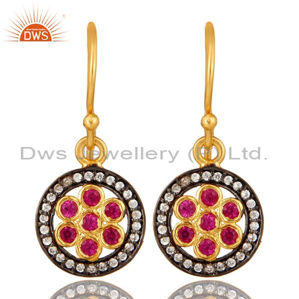 Shiny 18K Yellow Gold Plated Sterling Silver Red Cubic Zirconia Drop Earrings