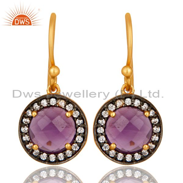 18K Yellow Gold Plated Sterling Silver Amethyst And CZ Disc Dangle Earrings