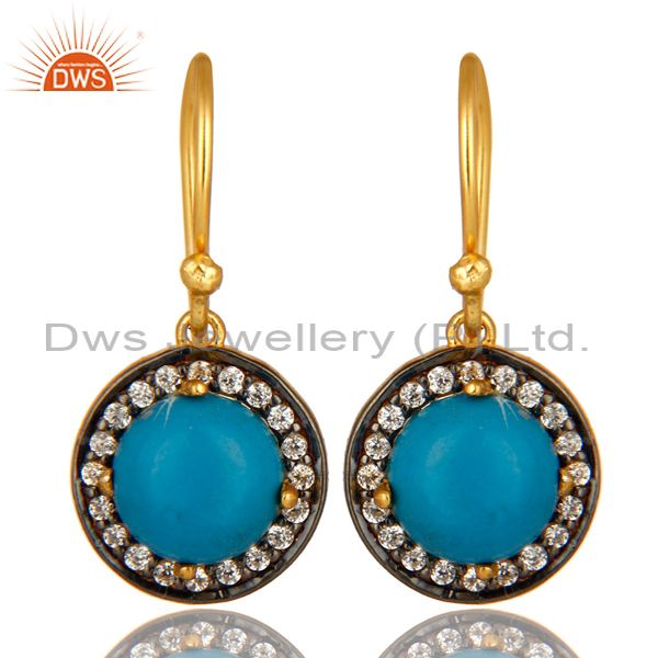 18K Yellow Gold Plated Sterling Silver Turquoise And CZ Surrounded Drop Earrings