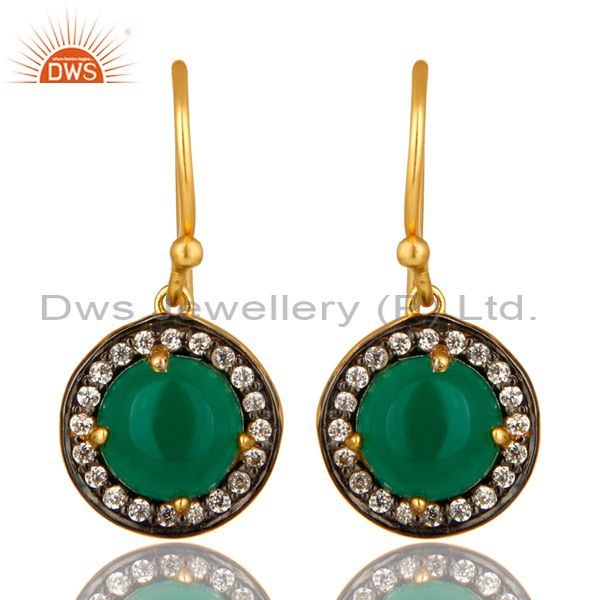 18K Yellow Gold Plated Sterling Silver Green Onyx And CZ Halo Dangle Earrings