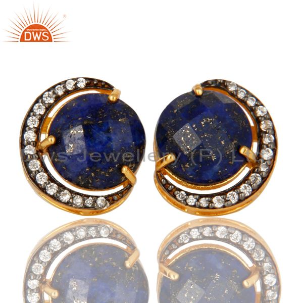 18K Gold Plated Sterling Silver Lapis Lazuli Half Moon Stud Earrings With CZ