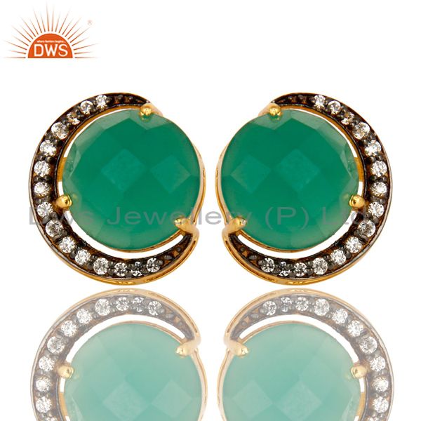 18K Gold Plated Sterling Silver Green Onyx And CZ Halo Half Moon Stud Earrings