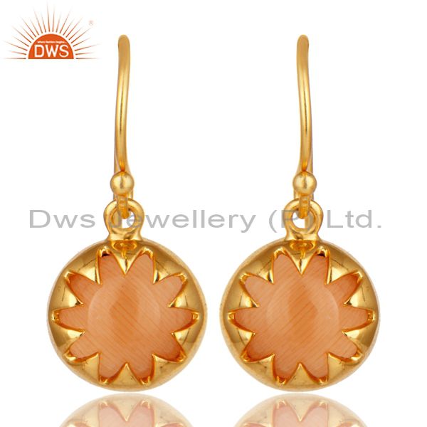 14K Yellow Gold Plated Sterling Silver Peach Moonstone Designer Drop Earrings