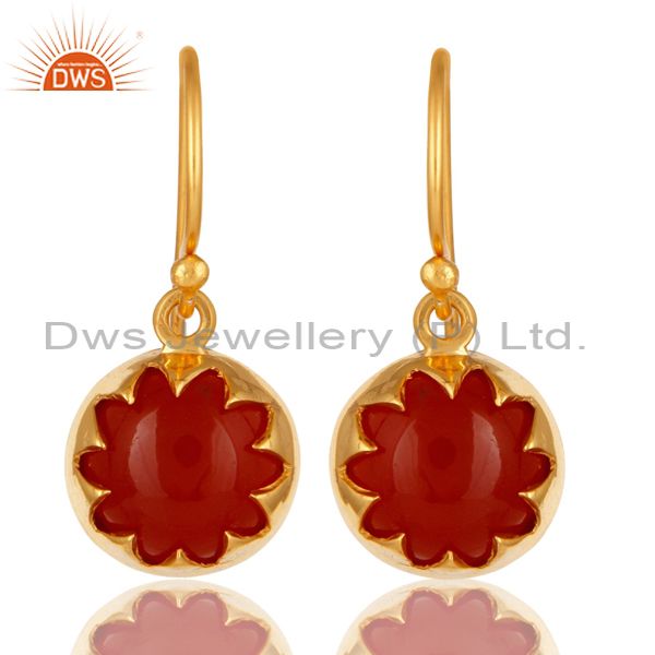 14K Yellow Gold Plated Sterling Silver Natural Red Onyx Gemstone Drop Earrings