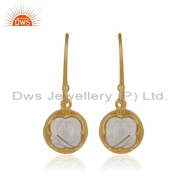 Golden Rutile Gemstone Handmade 14k Gold Plated 925 Silver Drop Earring Supplier