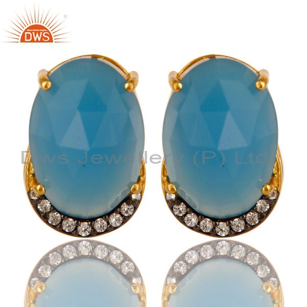18K Gold Plated Sterling Silver Blue Chalcedony And CZ Stud Earrings