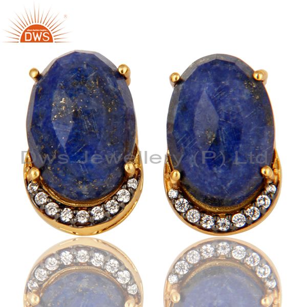 Natural Lapis Lazuli Gemstone And CZ Sterling Silver Stud Earrings - Gold Plated