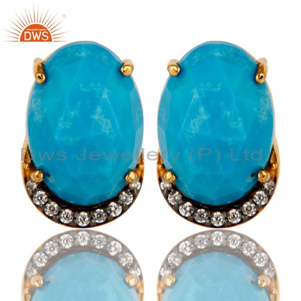 Turquoise And Cubic Zirconia Fashion Stud Earrings In 18K Gold Over 925 Silver