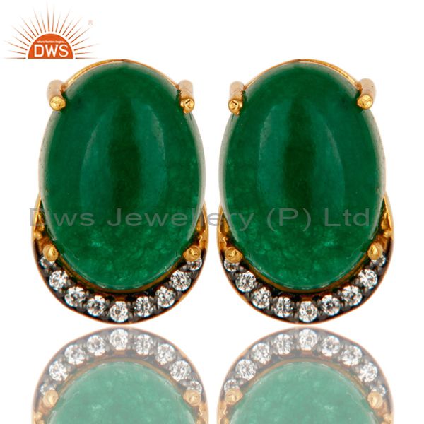Green Aventurine And CZ 18K Gold Plated Sterling Silver Prong Set Stud Earrings