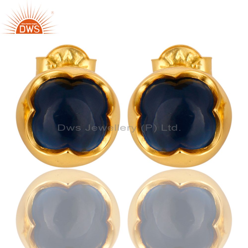 14K Yellow Gold Plated Sterling Silver Blue Corundum Womens Stud Earrings