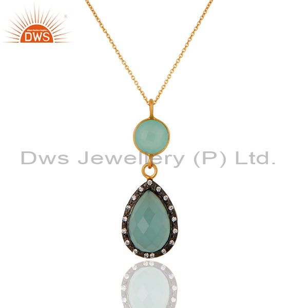 Blue aqua glass gemstone 18k gold plated 925 sterling silver pendant with chain