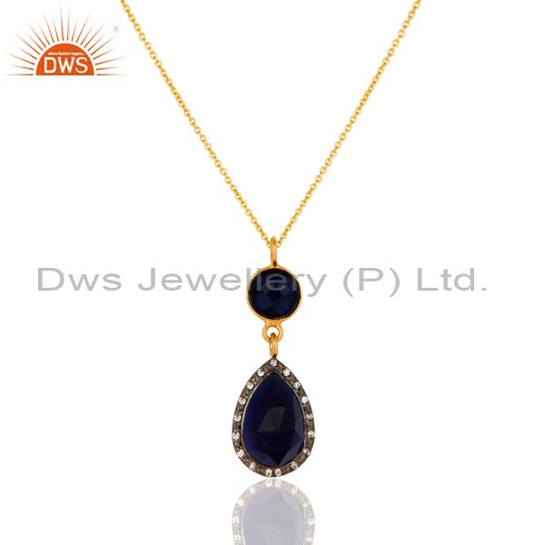 Blue corundum and cz gold plated sterling silver pendant with 16" chain