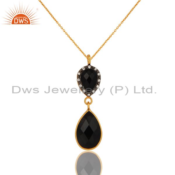 925 sterling silver natural black onyx pendant necklace - yellow gold plated