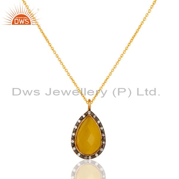 Yellow moonstone and cz sterling silver pendant necklace with yellow gold plated
