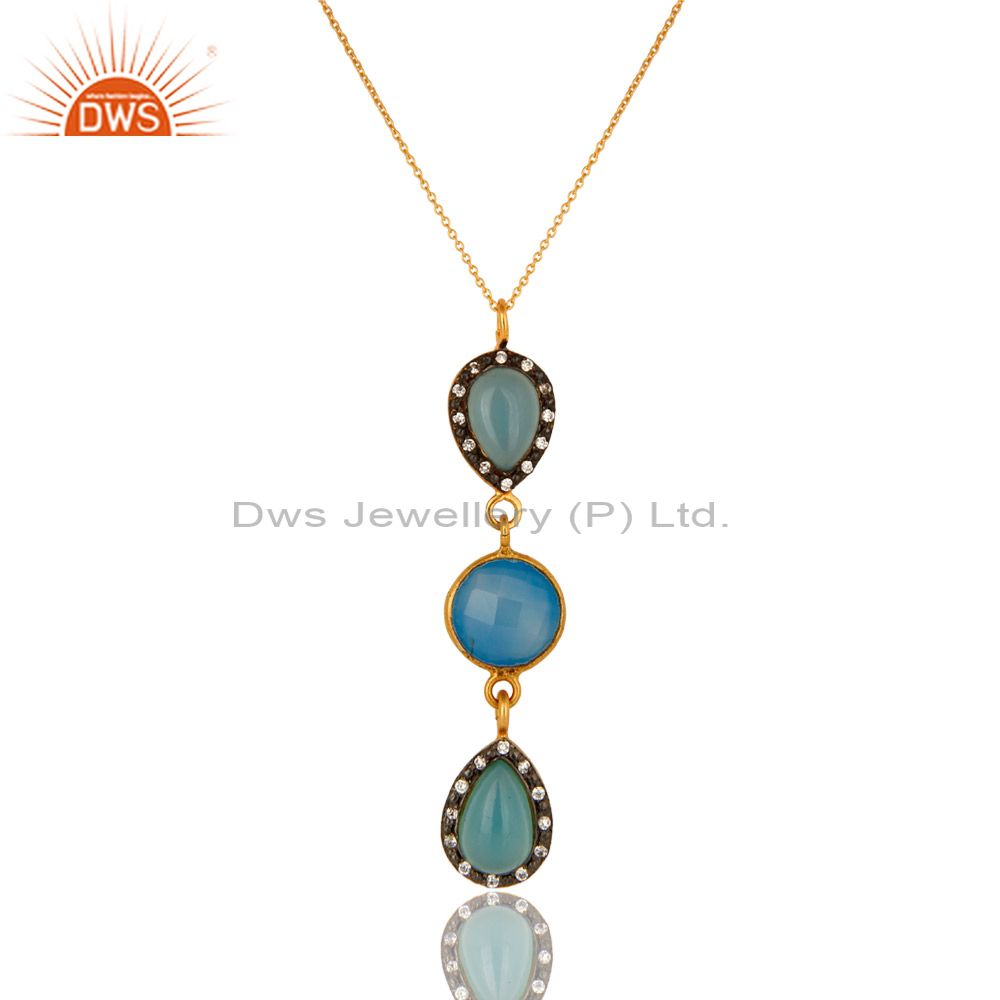 14k yellow gold plated sterling silver cz and blue chalcedony pendant with chain