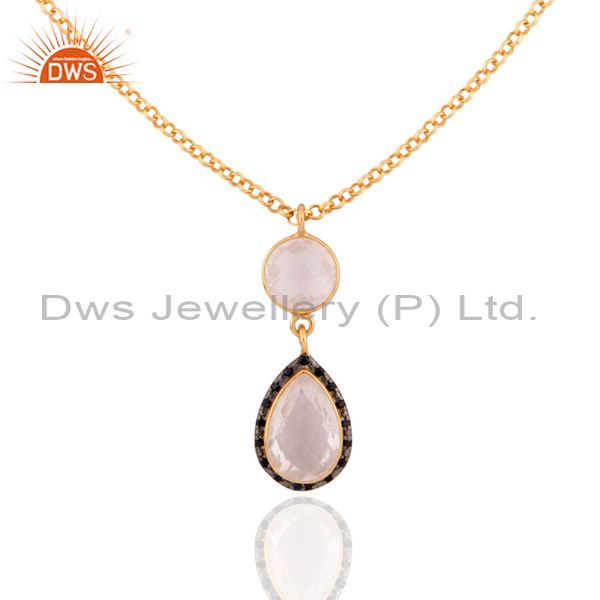 18k gold plated sterling silver rose quartz gemstone & sapphire pendant necklace