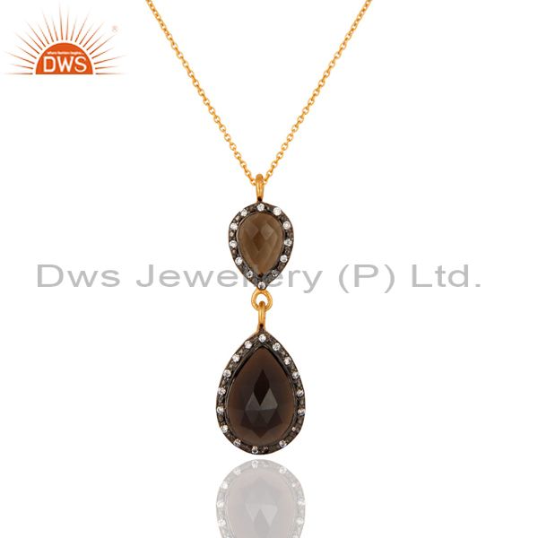 Natural smoky quartz drop 18k gold plated 925 sterling silver pendant necklace