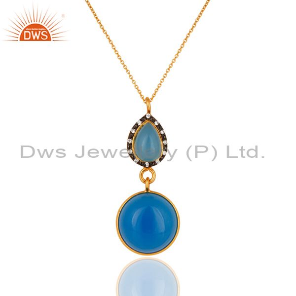 Blue chalcedony drop pendant necklace made in sterling silver with gold plated