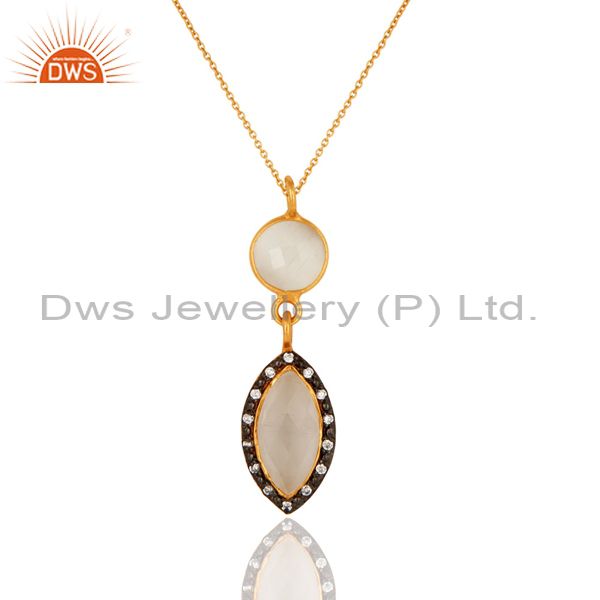 White moonstone gemstone drop pendant with cz in 18k gold on sterling silver