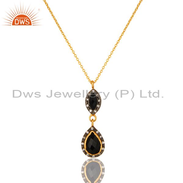 18k yellow gold plated sterling silver black onyx and cz drop pendant with chain