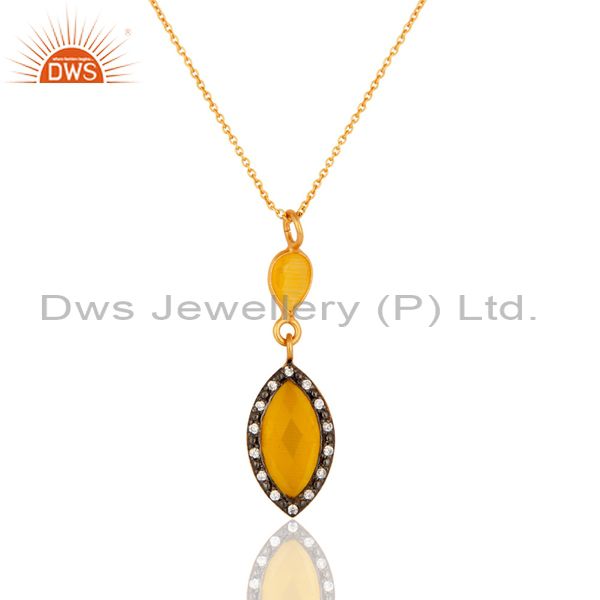 18k gold plated faceted yellow moonstone & cz sterling silver pendant 16" chain