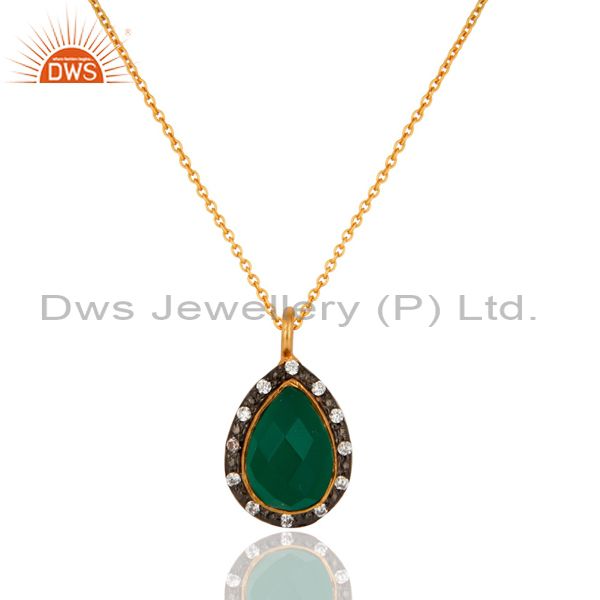 18k gold plated 925 sterling silver green onyx & white zirconia chain pendant