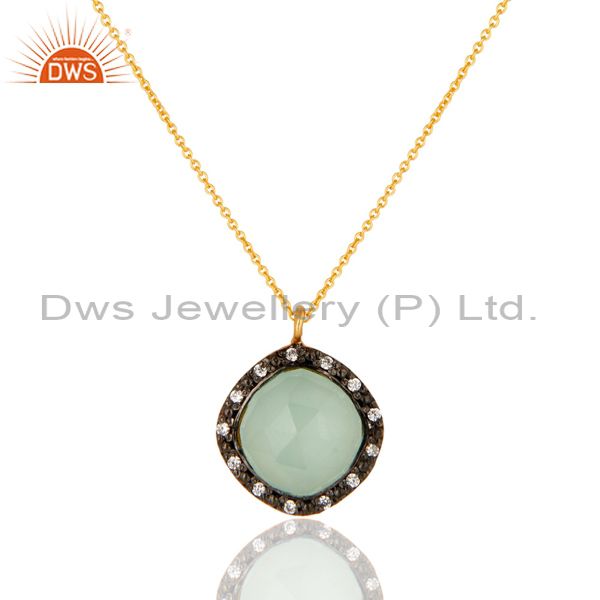 Gold plated sterling silver aqua glass & cubic zirconia fashion pendant necklace