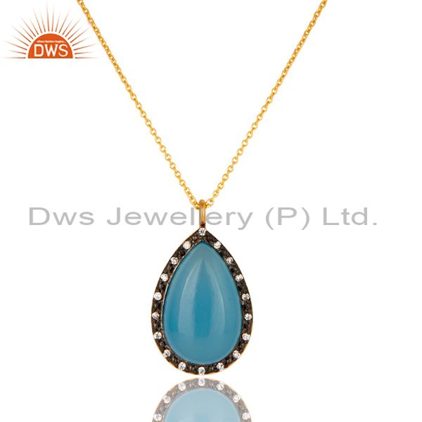 18k gold plated sterling silver blue chalcedony and cz drop pendant with chain