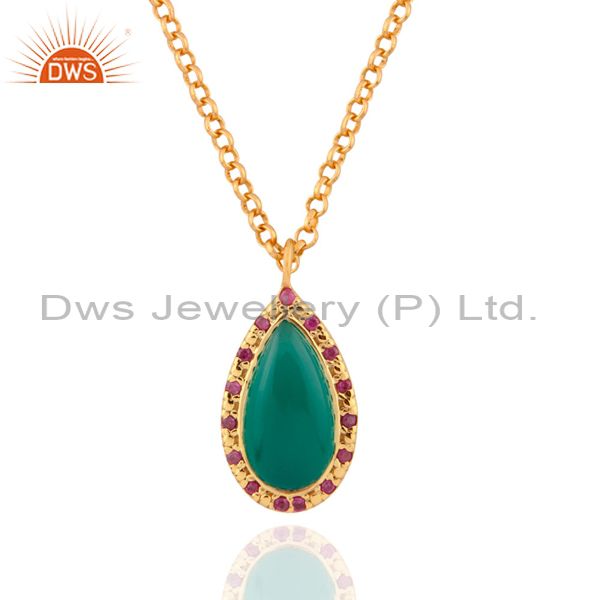 925 silver ruby gemstone drop 24k gold plated green onyx pendant charm 16" chain