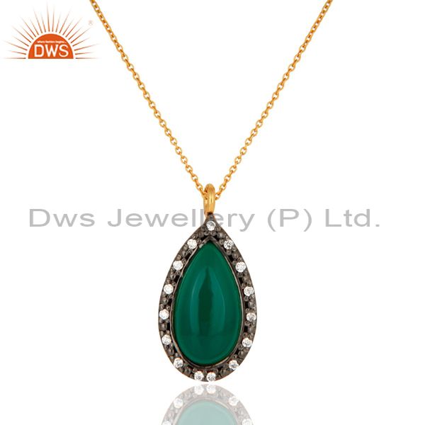 Sterling silver green onyx gemstone drop pendant with chain - gold plated